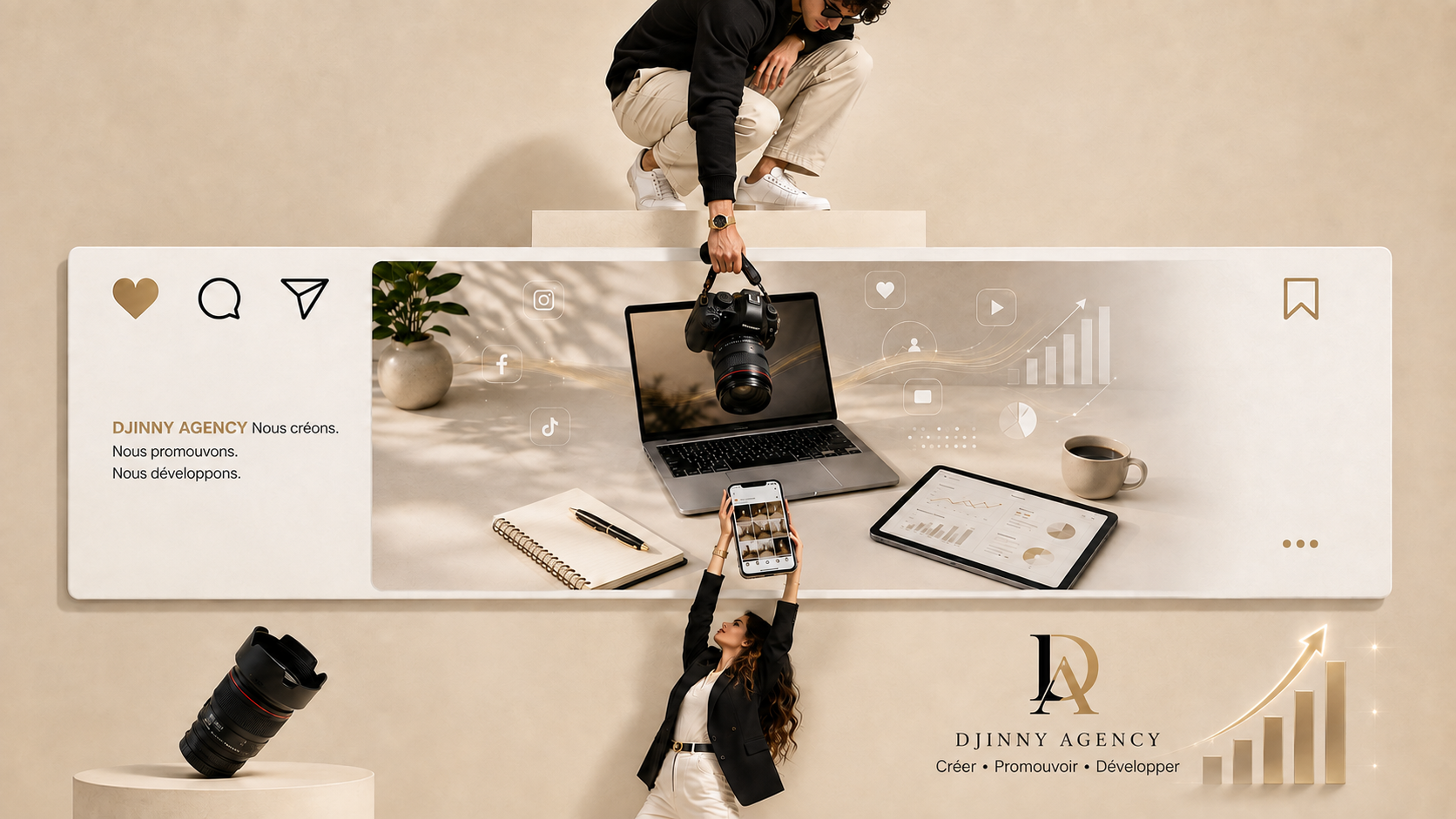 DJINNY AGENCY : création de contenu photo et vidéo, publication sur les réseaux sociaux et suivi des performances